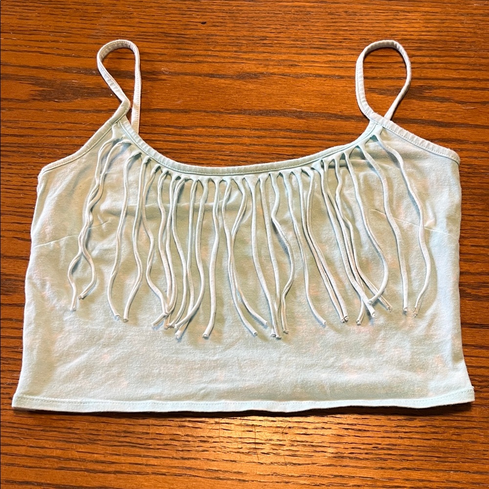 Stylish Element label Light and White Blue Fringe Spaghetti Strap Crop Top S/P